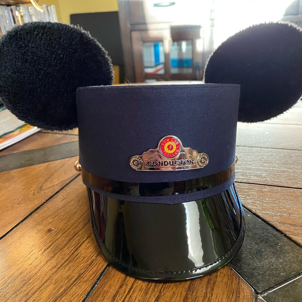 Rare Disney Parks Blue Mickey Mouse Ears Red Car Trolly Conductor Hat, Youth S/M